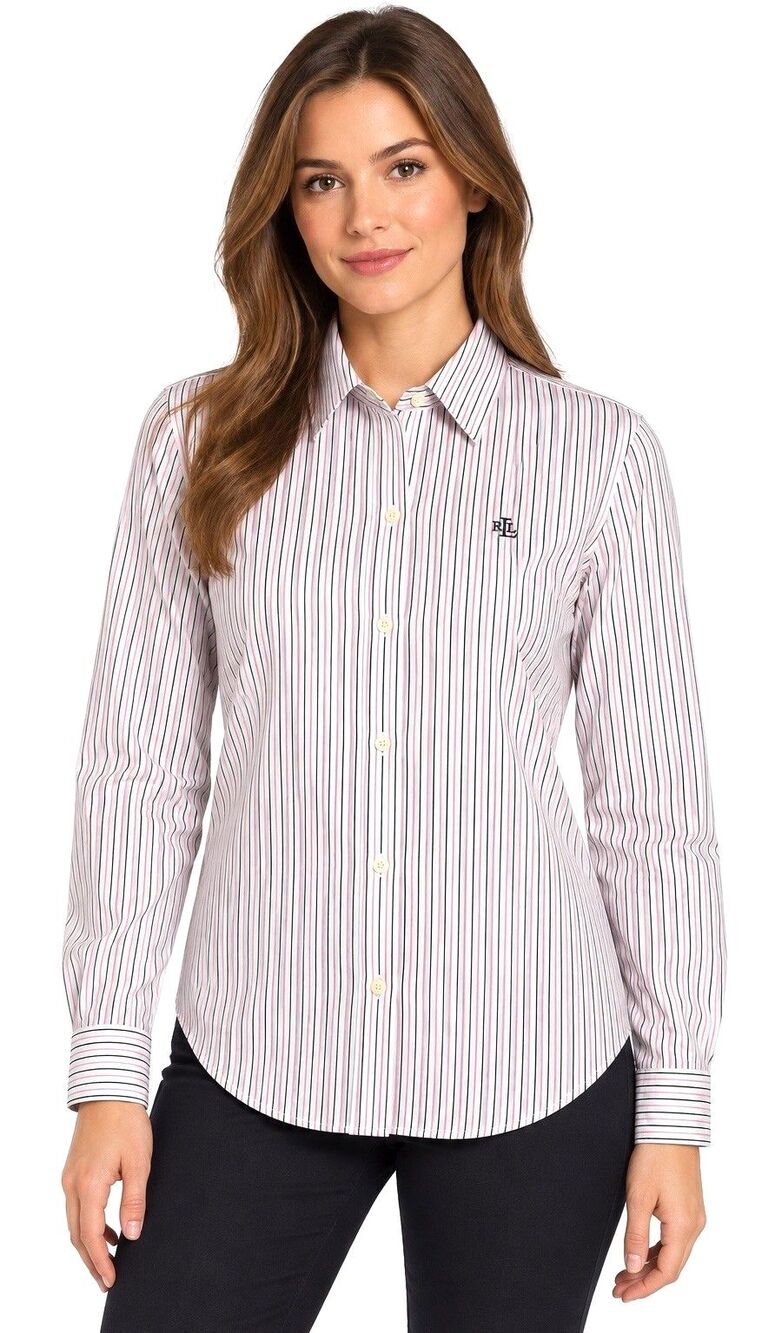 Lauren Ralph Lauren Womens Large Non-Iron Pink Black Striped Button Down Shirt